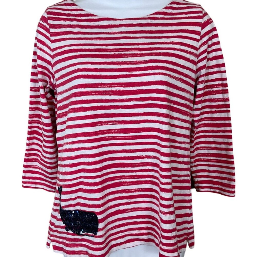 Talbots 3/4 Sleeve Red White Striped Scoop Neck Cotton Tee Blue Sequin Whale Acc